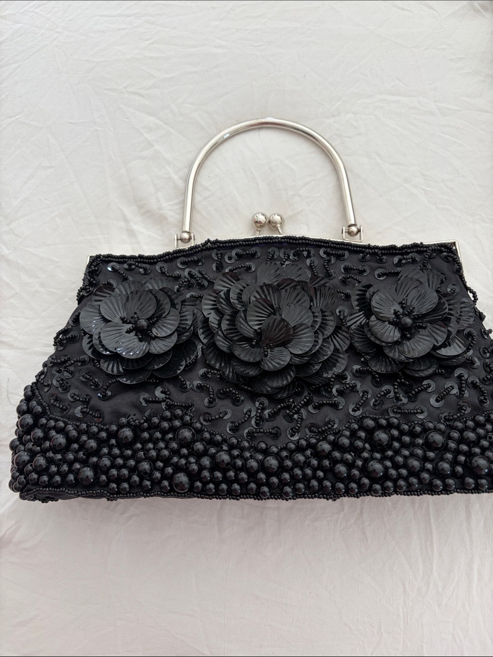Black Floral Beaded Evening Handbag